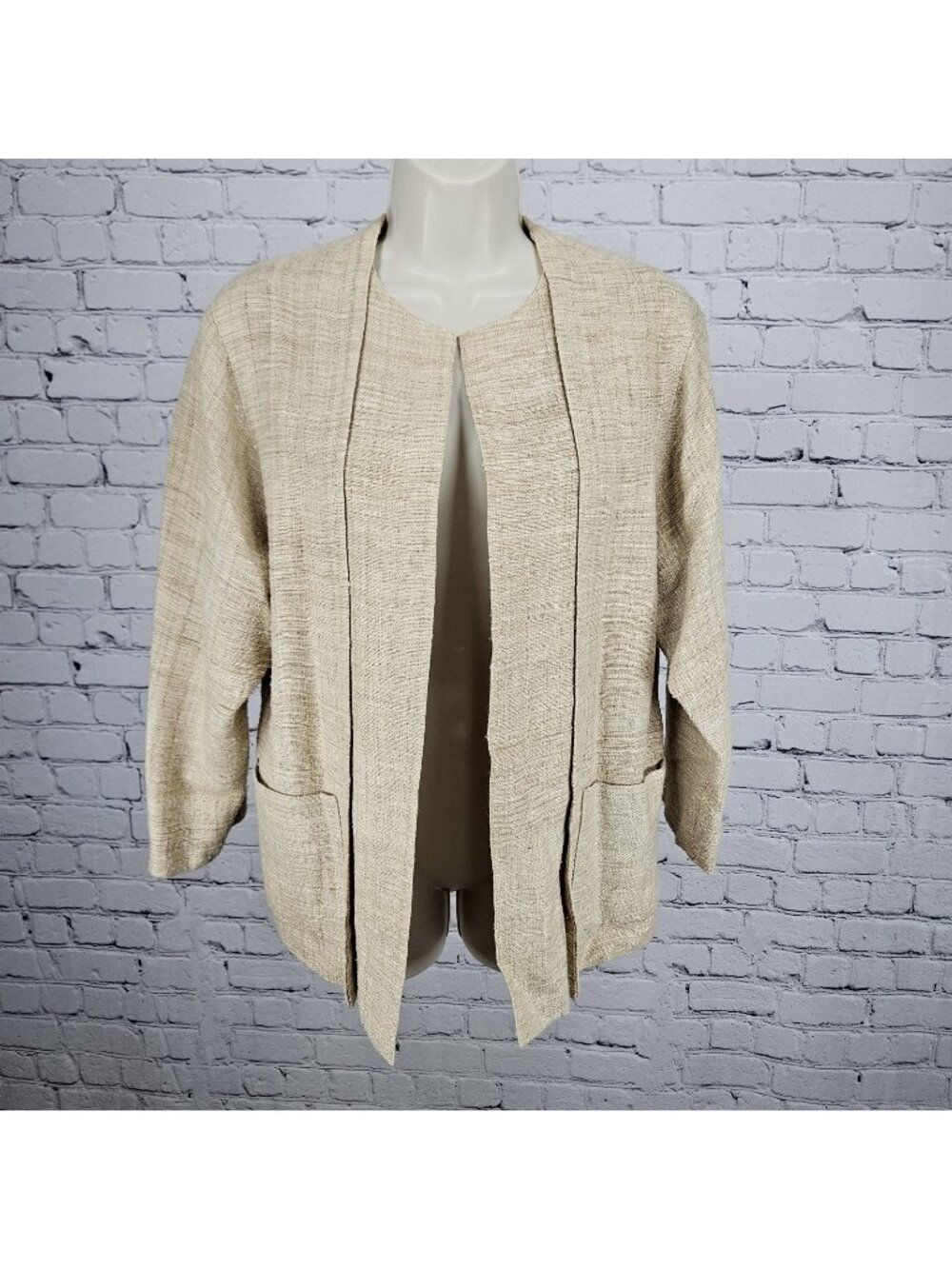 VTG K. Benson Beige 100% Silk Textured Open 3/4 Sleeve Lined Jacket Medium M
